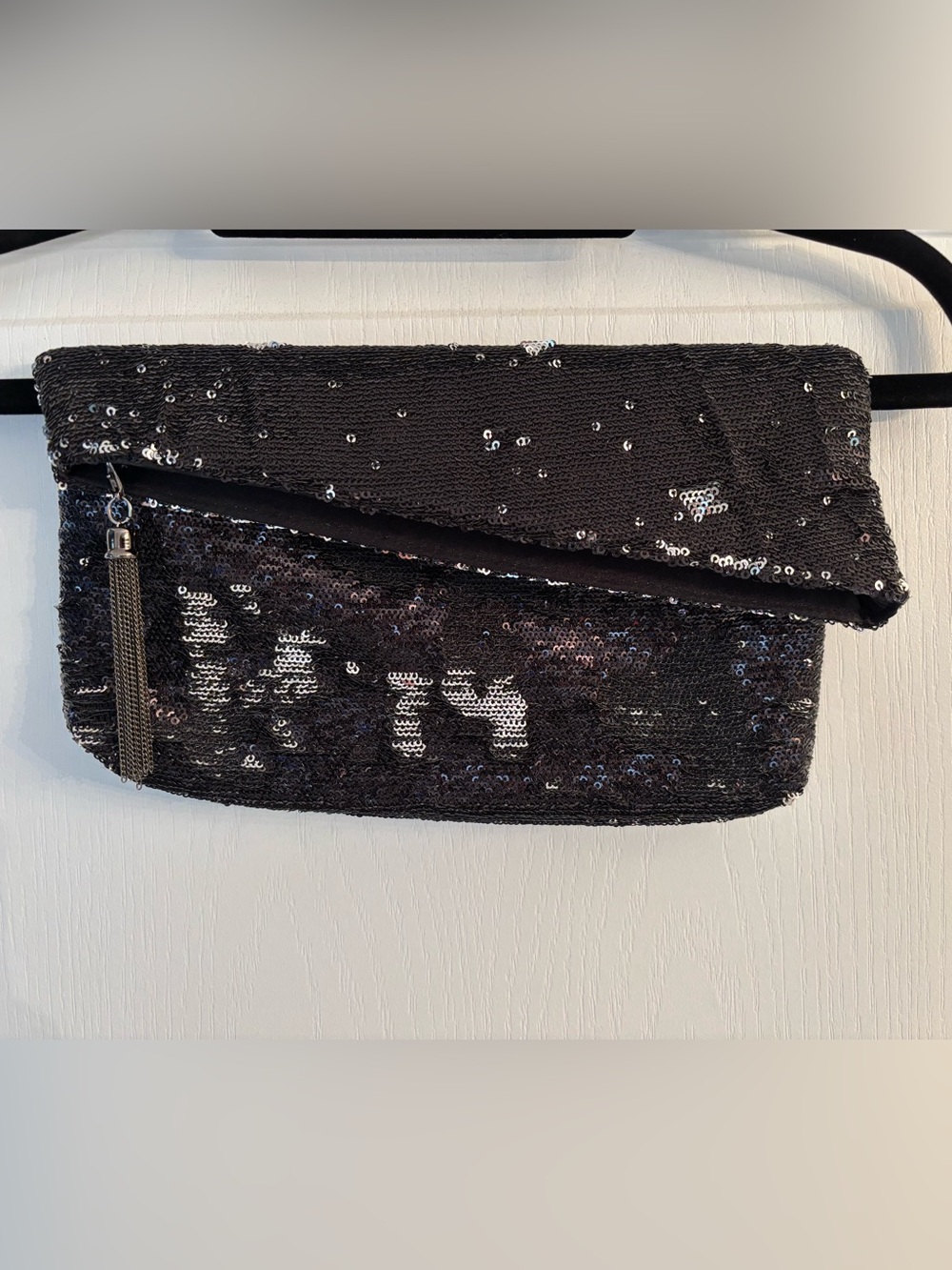 FRANCHI Black Sequin Fold-Over Clutch with Tassel Accent